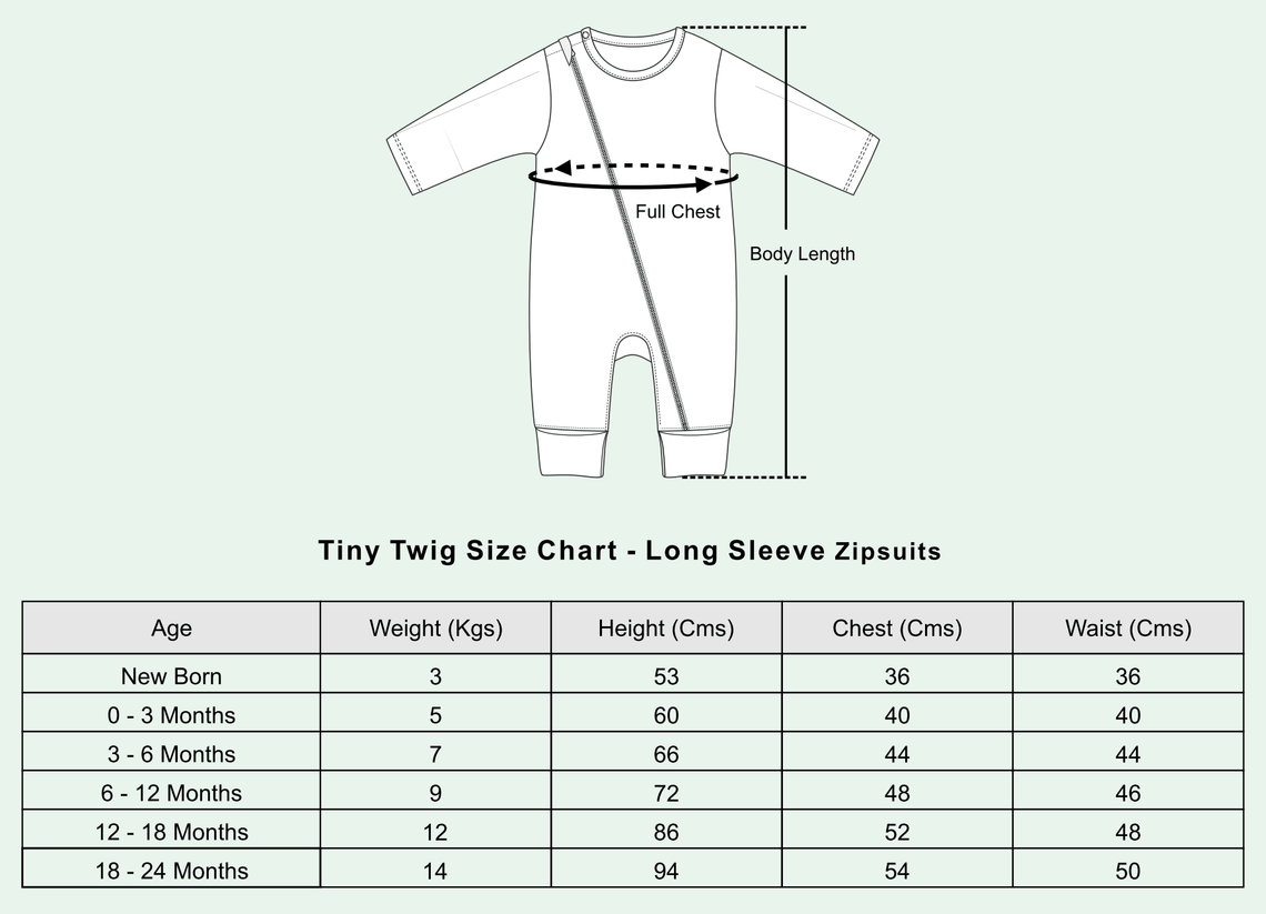 Tiny Twig Size Chart - Long Sleeve Zipsuits