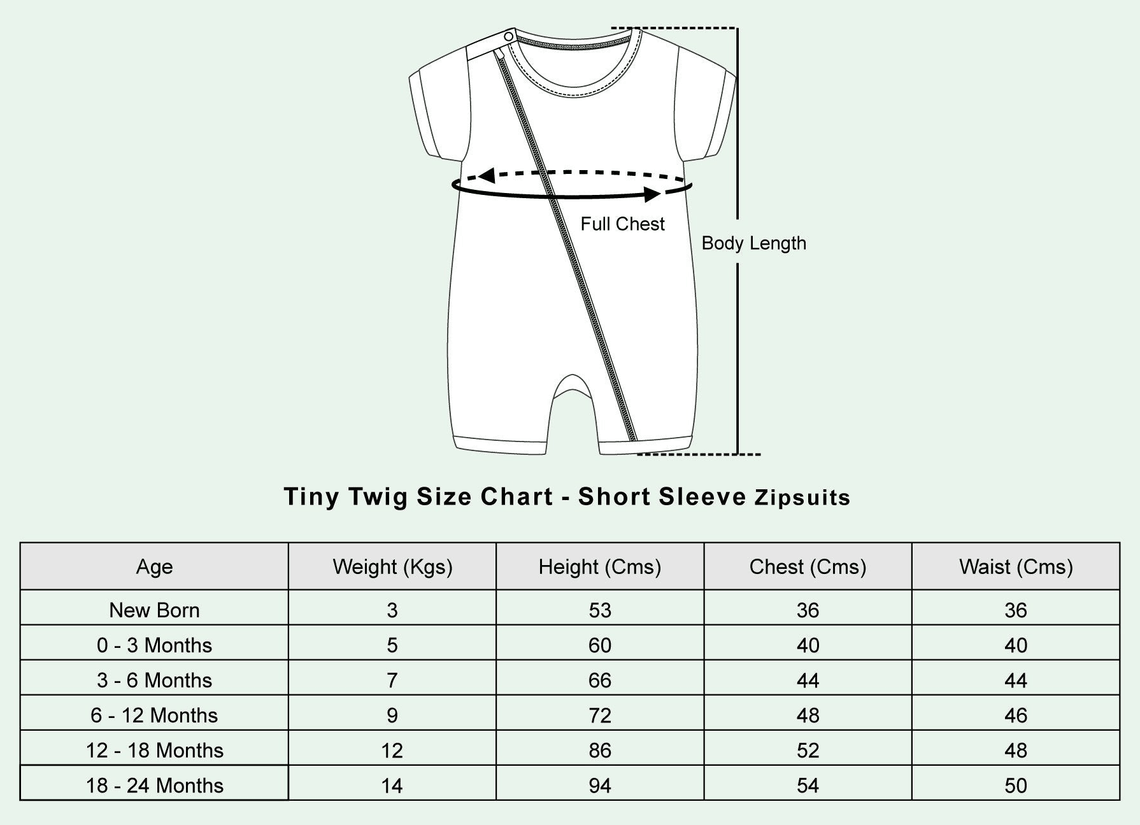 Tiny Twig Size Chart - Short Sleeve Zipsuits